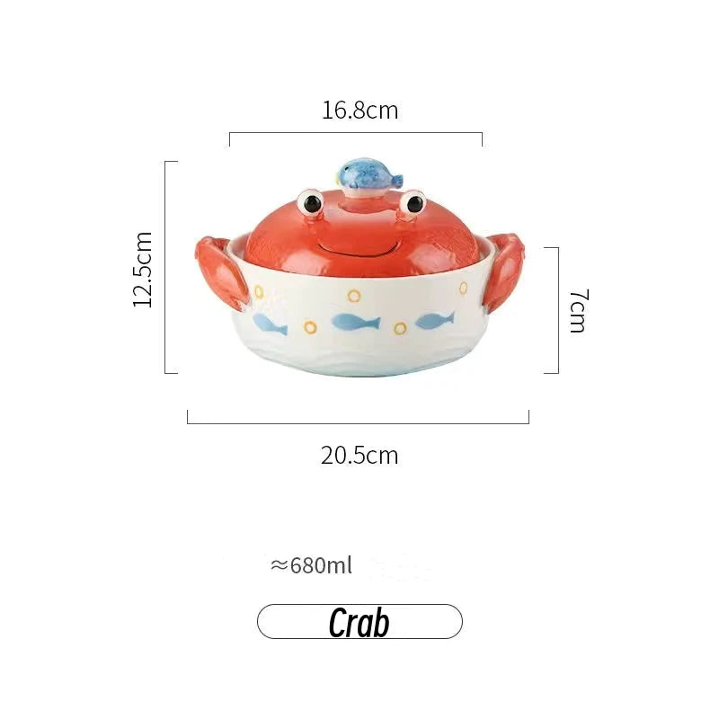 Kawaii Ramen Bowl Crab Ramen Ceramic Bowl with Lid Glazed Cute Pufferfish Salad Fruit Instant Noodle Rice Soup Large Kitchen Bowl Tableware ShopOnlyDeal