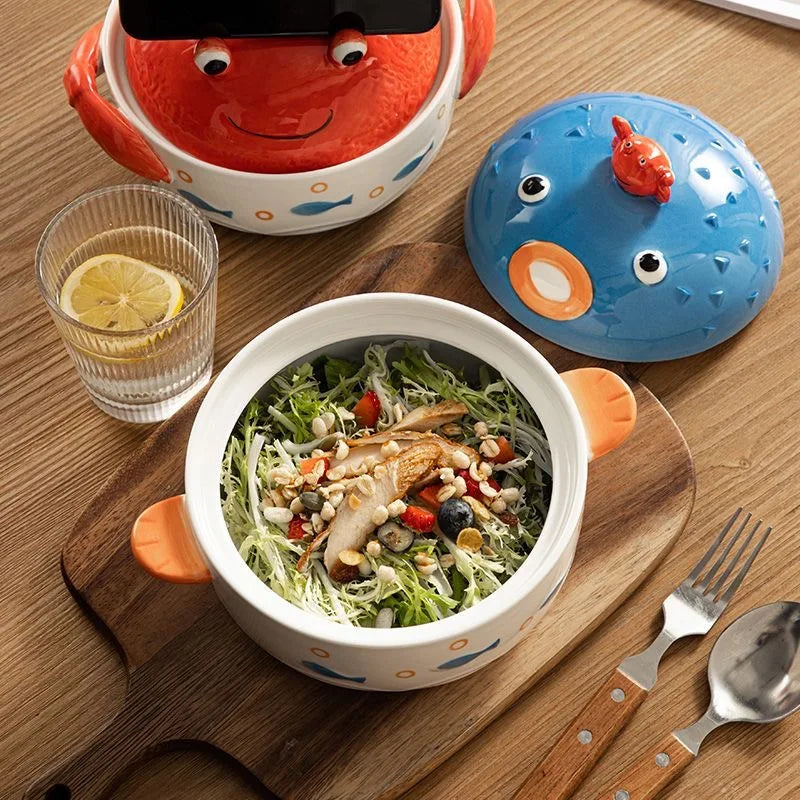 Kawaii Ramen Bowl Crab Ramen Ceramic Bowl with Lid Glazed Cute Pufferfish Salad Fruit Instant Noodle Rice Soup Large Kitchen Bowl Tableware ShopOnlyDeal