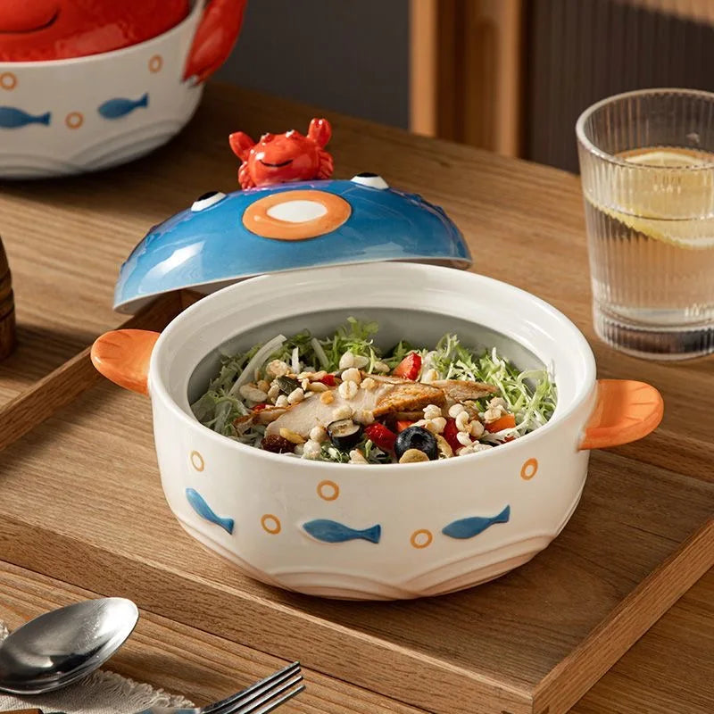 Kawaii Ramen Bowl Crab Ramen Ceramic Bowl with Lid Glazed Cute Pufferfish Salad Fruit Instant Noodle Rice Soup Large Kitchen Bowl Tableware ShopOnlyDeal