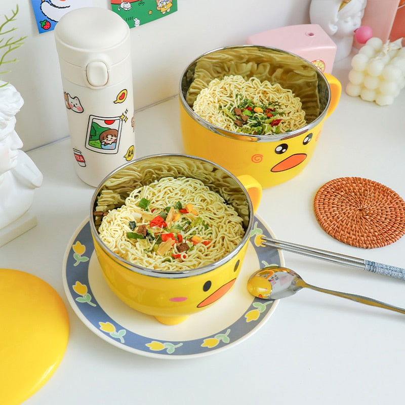 Kawaii Duck Ramen Noodles Bowl With Lid Cute Stainless Steel Kitchen Fruit Instant Salad Rice Soup Double-layer Bowl Tableware ShopOnlyDeal