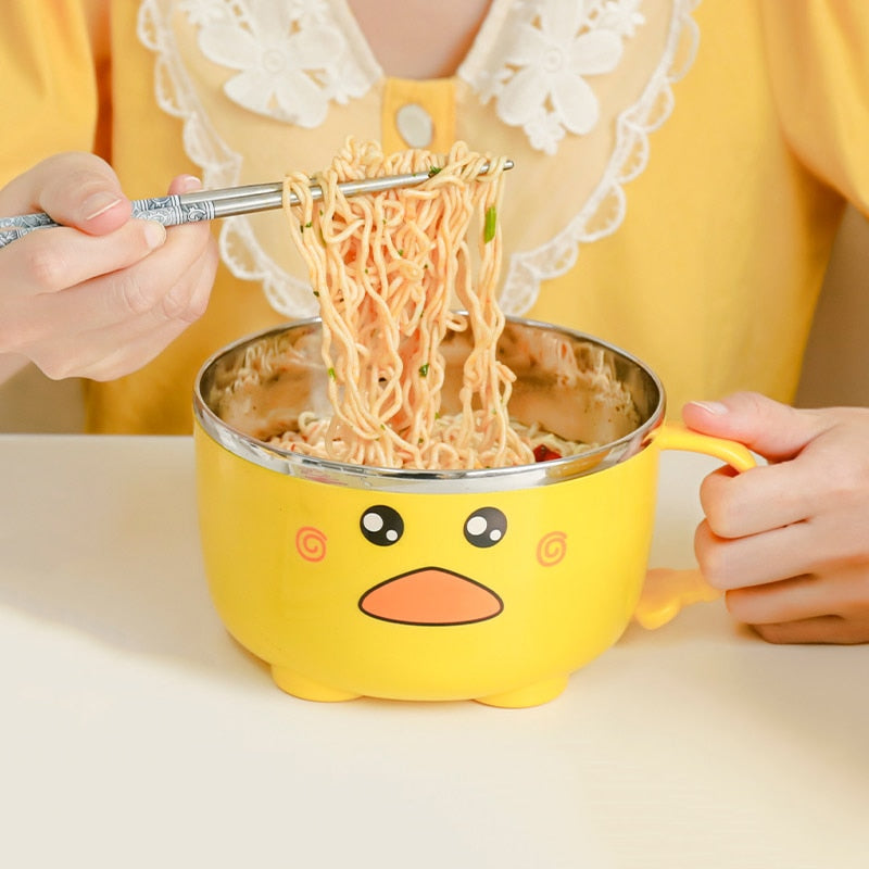 Kawaii Duck Ramen Noodles Bowl With Lid Cute Stainless Steel Kitchen Fruit Instant Salad Rice Soup Double-layer Bowl Tableware ShopOnlyDeal