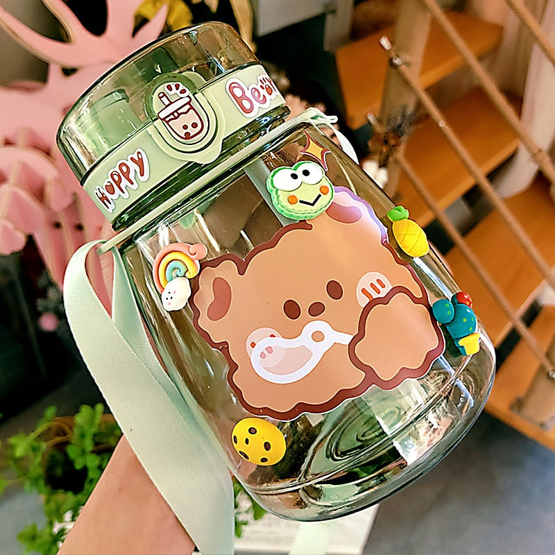 Kawaii Jumbo Bear Water Bottle For Children Girl School Cute Plastic Travel Milk Tea Juice Portable Gourd With Straw 3D Sticker ShopOnlyDeal