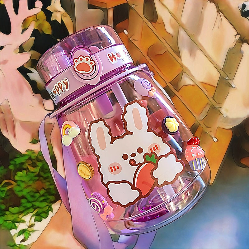 Kawaii Jumbo Bear Water Bottle For Children Girl School Cute Plastic Travel Milk Tea Juice Portable Gourd With Straw 3D Sticker ShopOnlyDeal