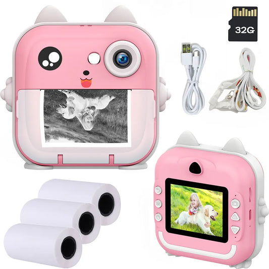 Kids Camera Instant Print Photo Mini Digital Video Camera for Kids with Zero Ink Print Paper 32G TF Card Educational Toys Gift SEELAUGH Store