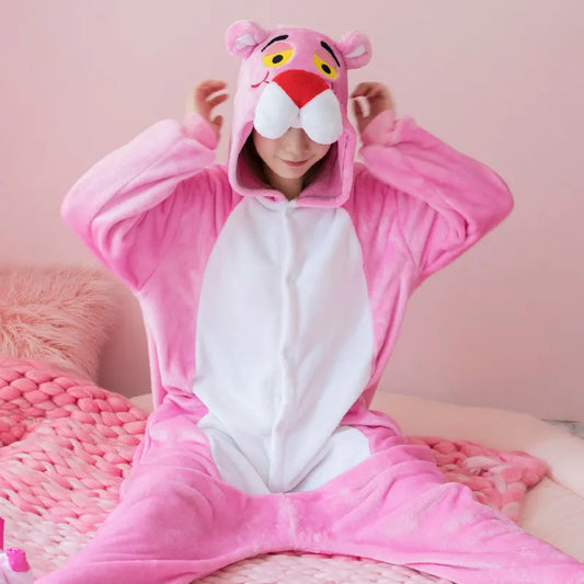 Kigurumi Long Sleeve Hooded Pink Panther Kawaii Onesie Women Flannel Onepiece Sleepwear Animal Pajamas Cartoon Party Costumes AM-DSY Store