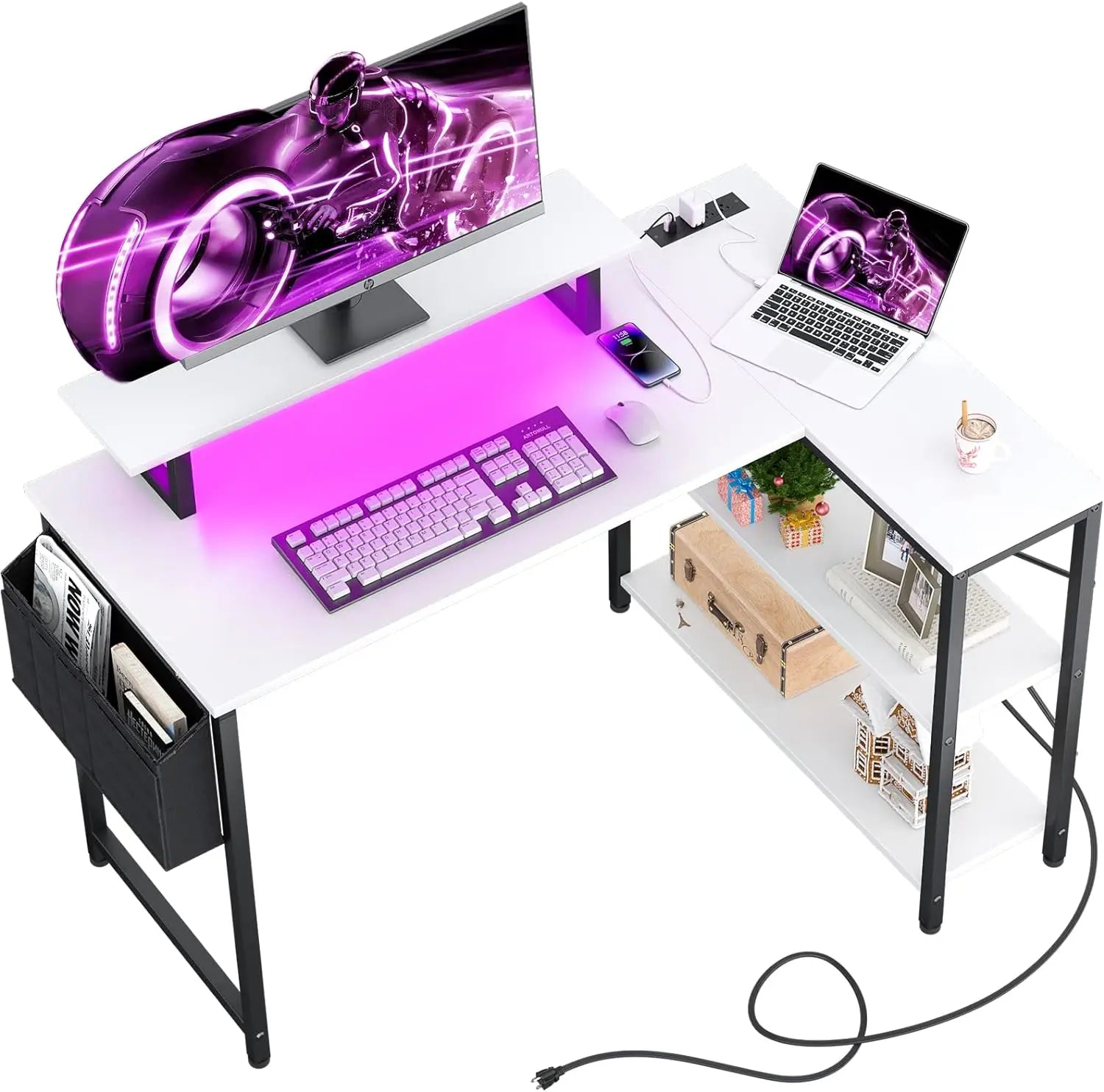 Computer desk L Shaped with LED Strip & Power Strip, 47 Inch Corner Desk with Monitor Stand Reversible Storage Shelves ShopOnlyDeal