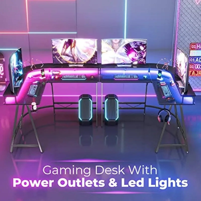 Gaming Desk L Shaped Desk with LED Lights & Power Outlets, Computer Desk with Monitor Shelves, Home Office Desk Corner Desk ShopOnlyDeal