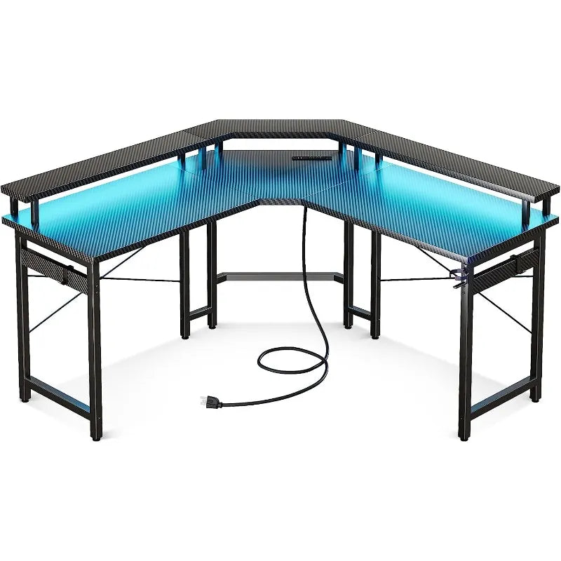 Gaming Desk L Shaped with LED Lights & Power Outlets, 51" Computer Desk with Full Monitor Stand, Black Carbon Fiber ShopOnlyDeal