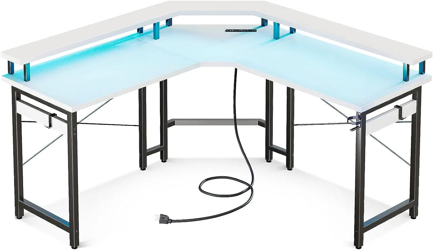 Gaming Desk L Shaped with LED Lights & Power Outlets, 51" Computer Desk with Full Monitor Stand, Black Carbon Fiber ShopOnlyDeal