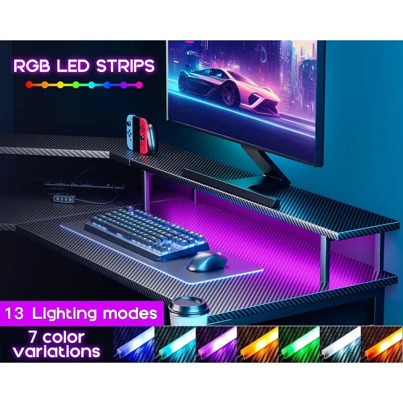 Gaming Desk L Shaped with LED Lights & Power Outlets, 51" Computer Desk with Full Monitor Stand, Black Carbon Fiber ShopOnlyDeal