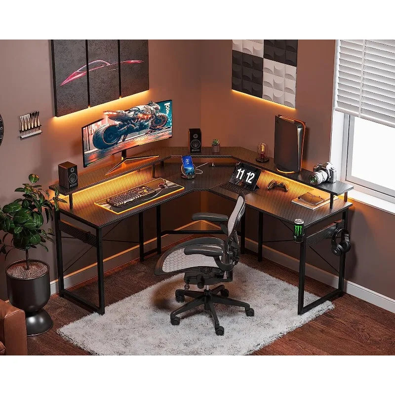 Gaming Desk L Shaped with LED Lights & Power Outlets, 51" Computer Desk with Full Monitor Stand, Black Carbon Fiber ShopOnlyDeal