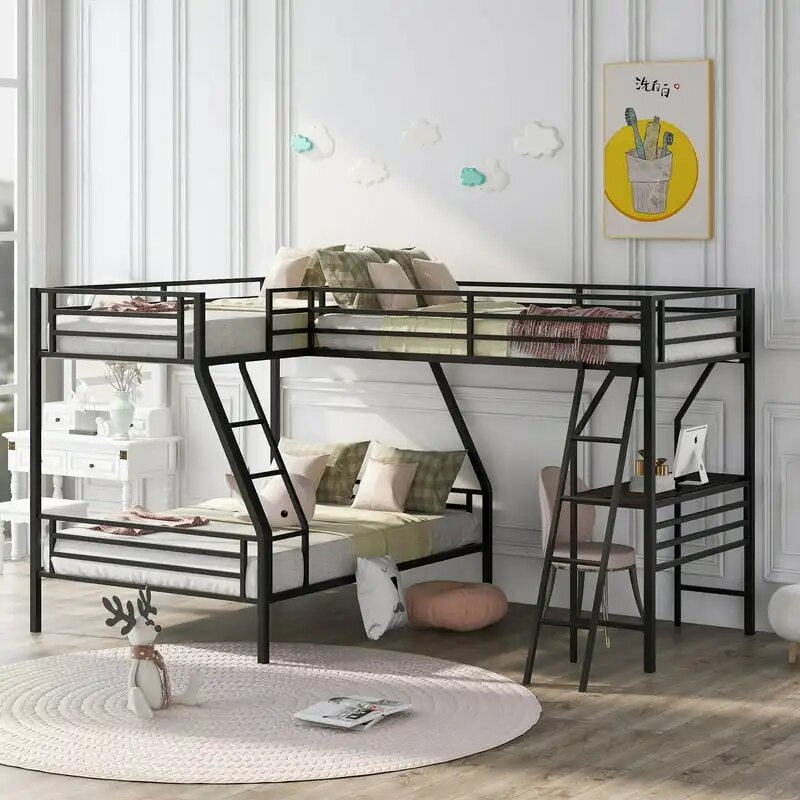 Metal Bunk Bed L-Shaped anf Loft Bed, Three Beds in One Space-Saving Bed, -in Study Desk for Kids Bedroom, Black Wedding decorat ShopOnlyDeal