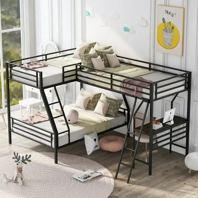 Metal Bunk Bed L-Shaped anf Loft Bed, Three Beds in One Space-Saving Bed, -in Study Desk for Kids Bedroom, Black Wedding decorat ShopOnlyDeal