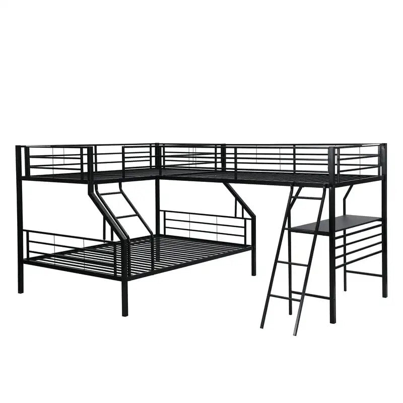 Metal Bunk Bed L-Shaped anf Loft Bed, Three Beds in One Space-Saving Bed, -in Study Desk for Kids Bedroom, Black Wedding decorat ShopOnlyDeal