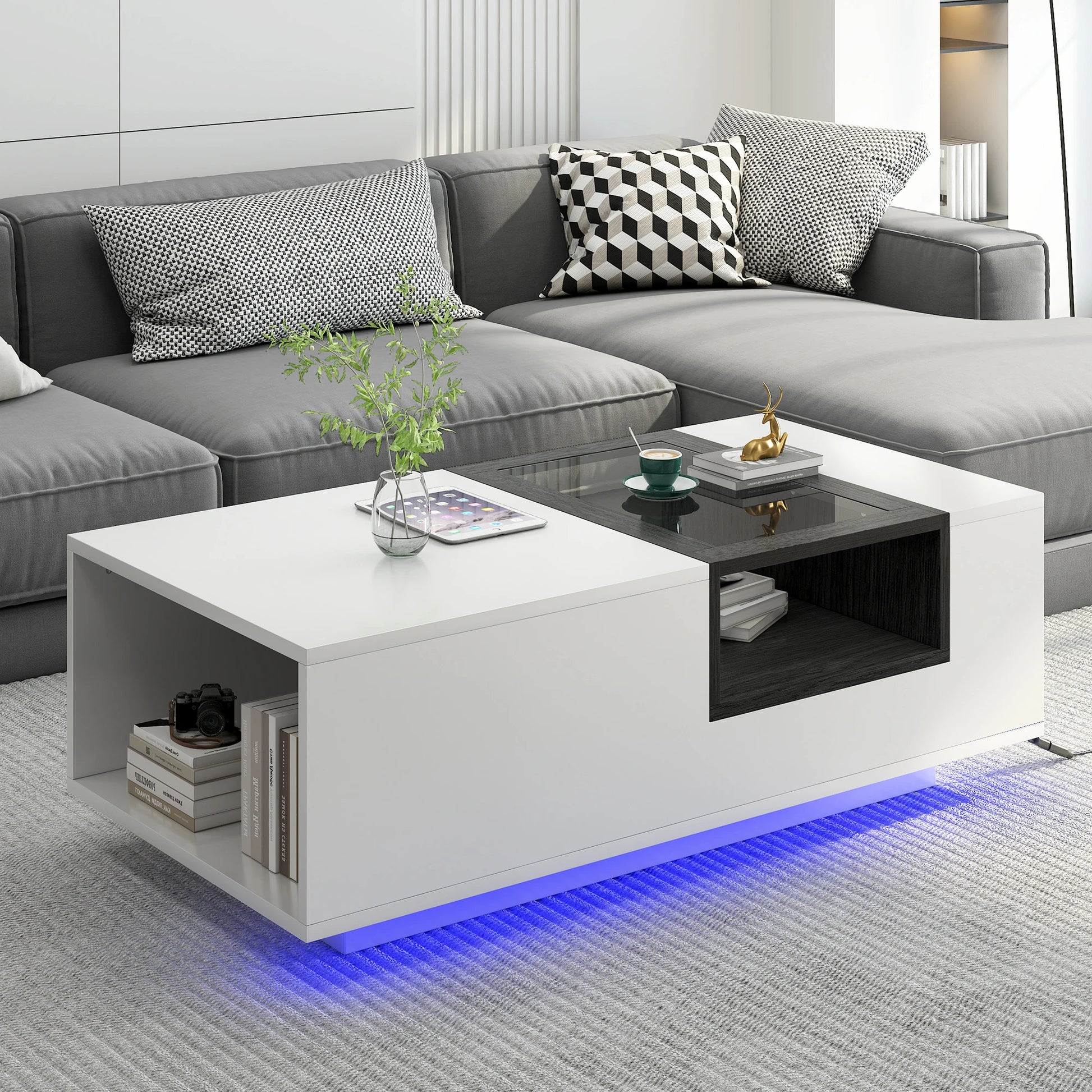 LED Coffee Table with Storage Open Display Shelf  Modern Center Table Accent Furniture for Living Room White/Black[US-W] ShopOnlyDeal