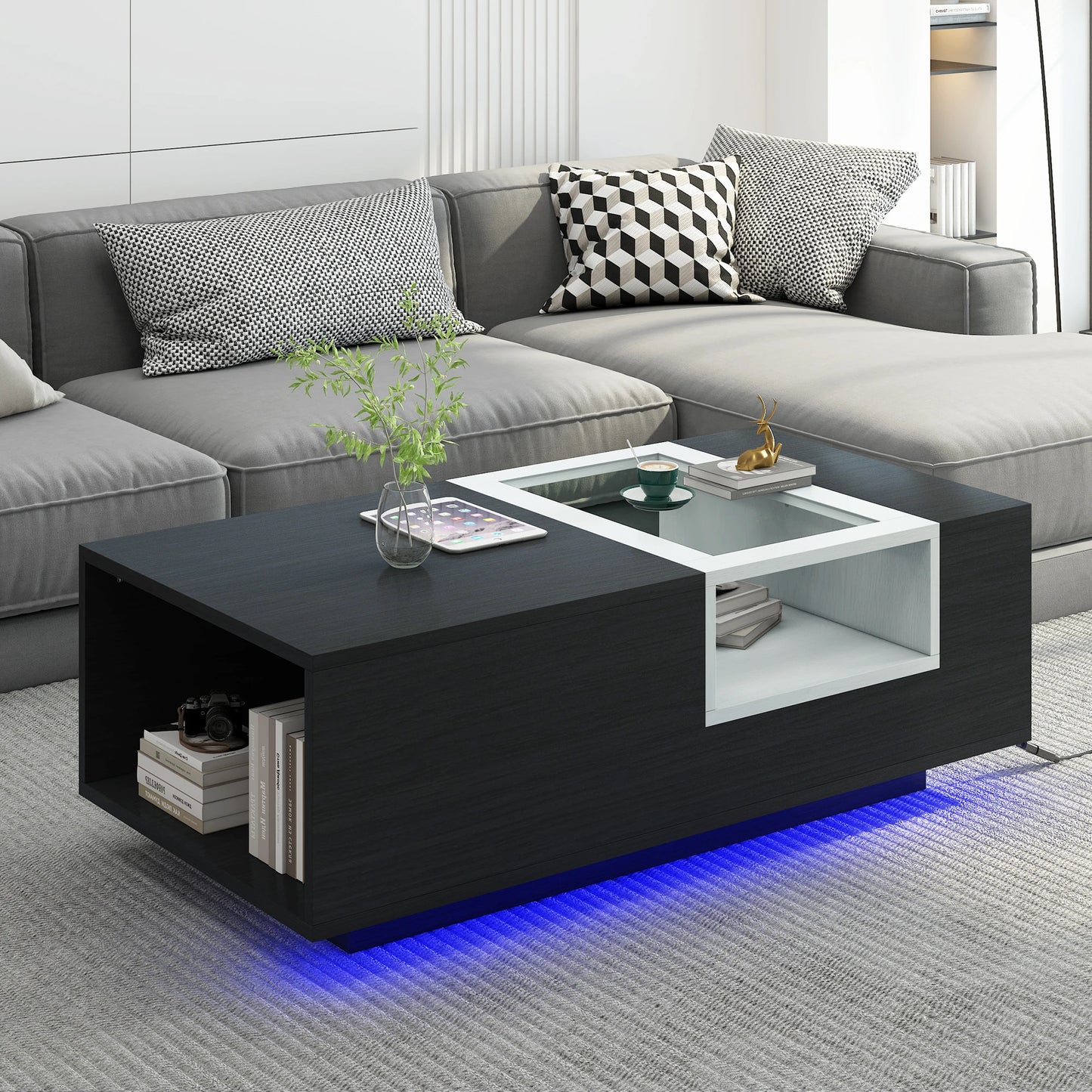 LED Coffee Table with Storage Open Display Shelf  Modern Center Table Accent Furniture for Living Room White/Black[US-W] ShopOnlyDeal