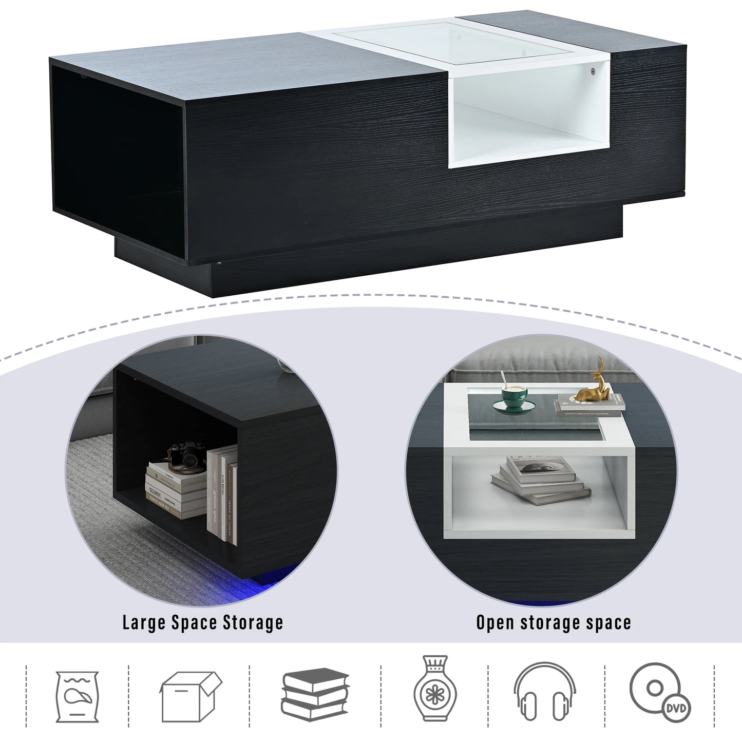 LED Coffee Table with Storage Open Display Shelf  Modern Center Table Accent Furniture for Living Room White/Black[US-W] ShopOnlyDeal