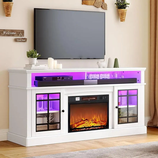 LED Fireplace Ambiant TV Stand for 70+ Inch, 32" Highboy Farmhouse Entertainment Center Electric Fireplace Glass Door ShopOnlyDeal