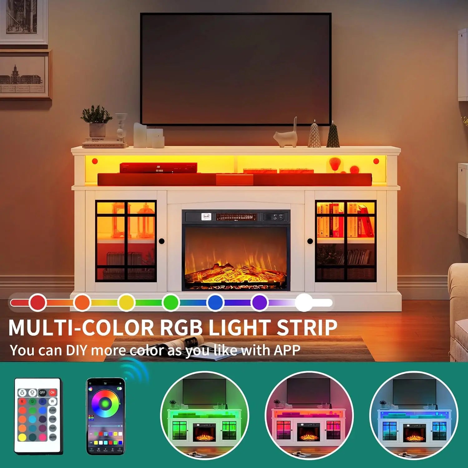 LED Fireplace Ambiant TV Stand for 70+ Inch, 32" Highboy Farmhouse Entertainment Center Electric Fireplace Glass Door ShopOnlyDeal