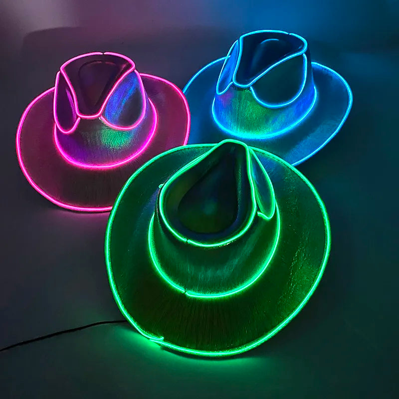 LED Glowing Cowgirl Hat Neon Luminous Bride Hat For Holiday Light Up Supplies Fluorescent Party Props Bachelorette Party Hat ShopOnlyDeal