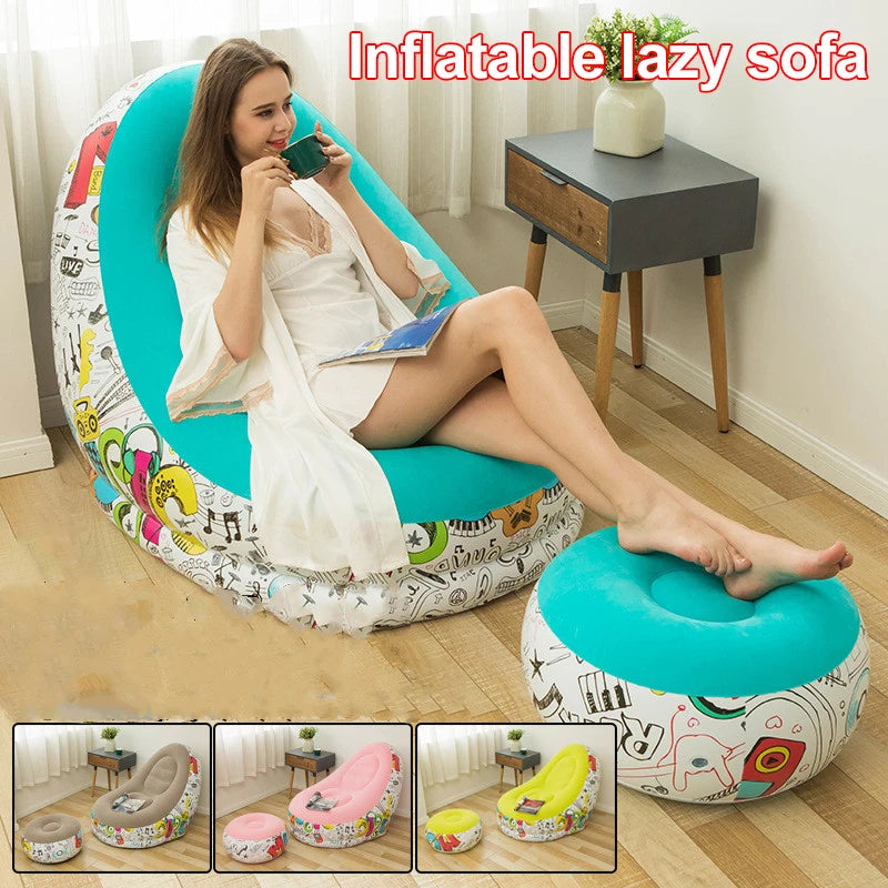 Lazy Sofa Inflatable Sofa Chair Large Flocking Inflatable Recliner With Footstool Graffiti Lunch Recliner For Outdoor Garden Camping ShopOnlyDeal