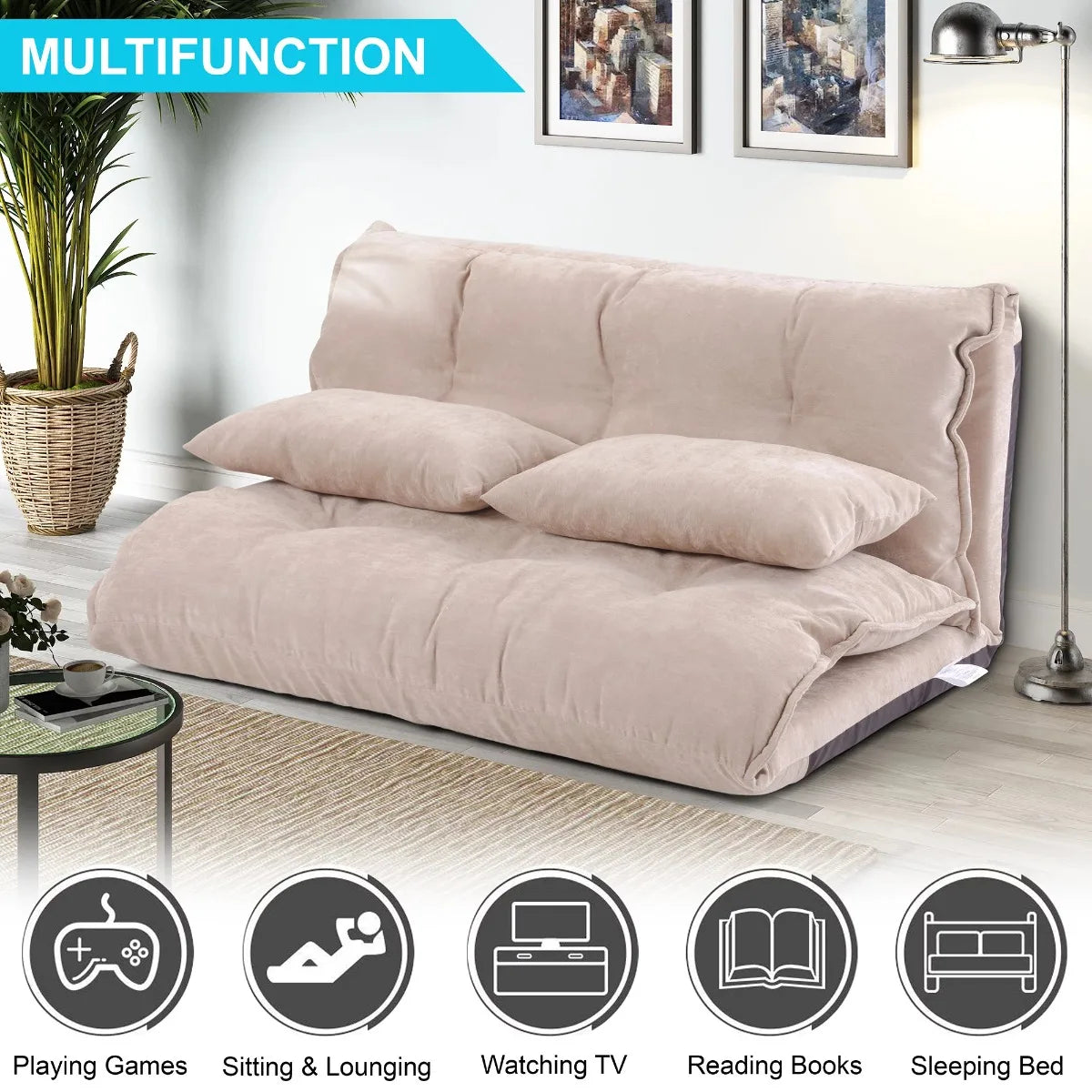 Lazy Sofa Adjustable Folding Futon Sofa with Two Pillows Video Gaming Sofa for Living Room, Beige ShopOnlyDeal