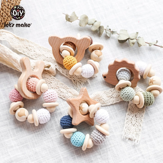Baby Rattle Bracelet Wooden Toys Crochet Beads Baby Teether Christmas Gift Hedgehog Elk  Wood Crafts Ring Engraved ShopOnlyDeal
