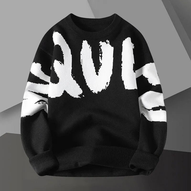 Letter Contrast Printing Sweater Pullover Crew Neck Men Sweter Korean Sweater Designer Fashion Knit  Pullover Sweater Noel Kazak ShopOnlyDeal