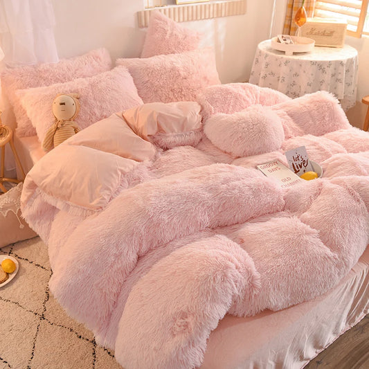 Luxury Winter Warm Pink Bedding Set Autumn Plush Kawaii Mink Velvet Queen Duvet Cover Set with Sheets Single Double Bedding Sets ShopOnlyDeal