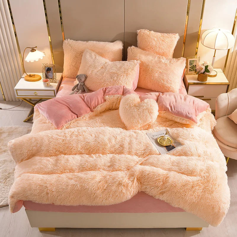 Luxury Winter Warm Pink Bedding Set Autumn Plush Kawaii Mink Velvet Queen Duvet Cover Set with Sheets Single Double Bedding Sets ShopOnlyDeal
