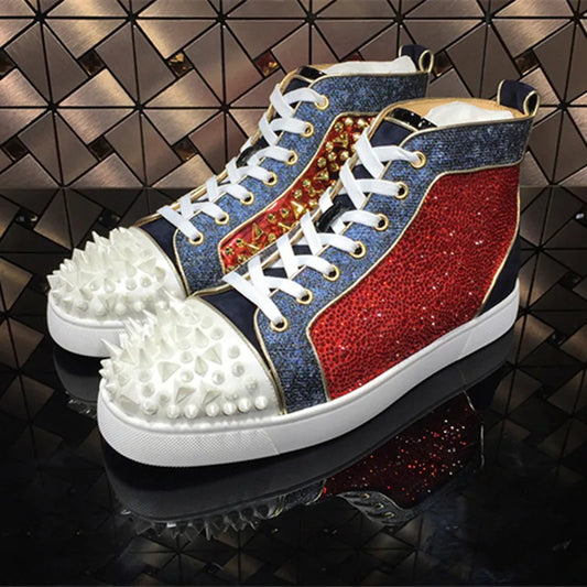 Luxury Handmade Crystal Spikes Men Shoes Rivets Red White Platform Sneakers High-Top Lace-up High Quality Motorcycle Shoes Man ShopOnlyDeal