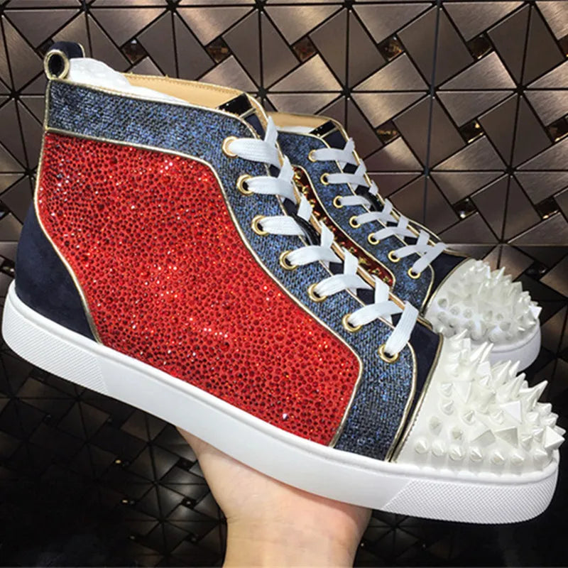 Luxury Handmade Crystal Spikes Men Shoes Rivets Red White Platform Sneakers High-Top Lace-up High Quality Motorcycle Shoes Man ShopOnlyDeal