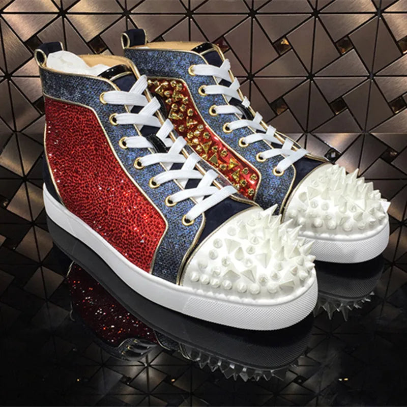 Luxury Handmade Crystal Spikes Men Shoes Rivets Red White Platform Sneakers High-Top Lace-up High Quality Motorcycle Shoes Man ShopOnlyDeal