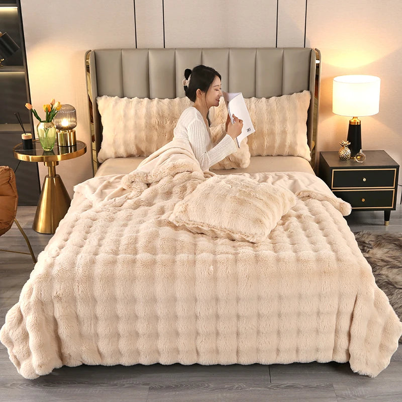 Luxury Blanket Soft Faux Fur Throw Blanket Fuzzy Plush Bedspread on the bed plaid sofa cover blankets and throws for living room bedroom ShopOnlyDeal