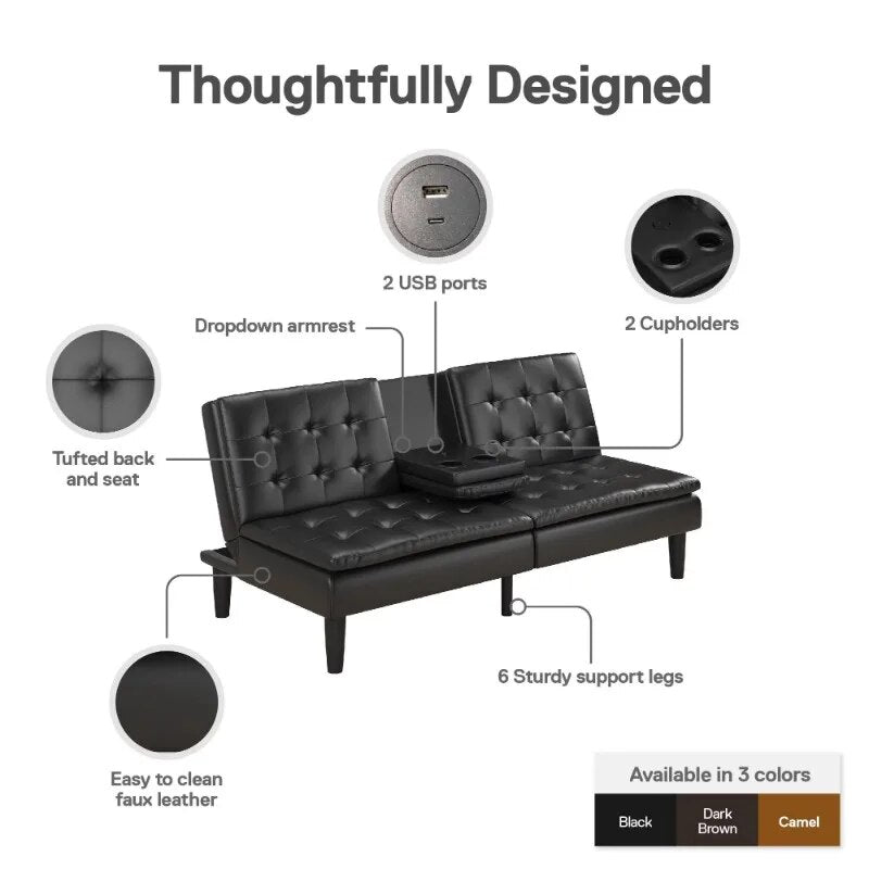 Mainstays Memory Foam Futon with Cupholders and USB, Black Faux Leather ShopOnlyDeal