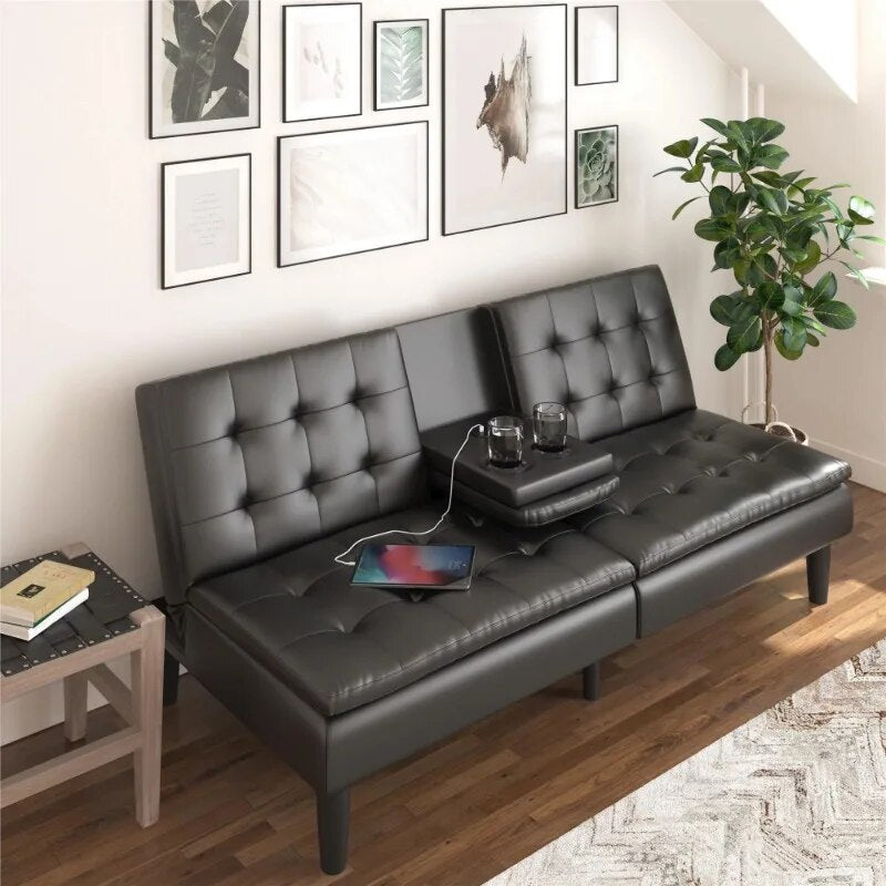 Mainstays Memory Foam Futon with Cupholders and USB, Black Faux Leather ShopOnlyDeal