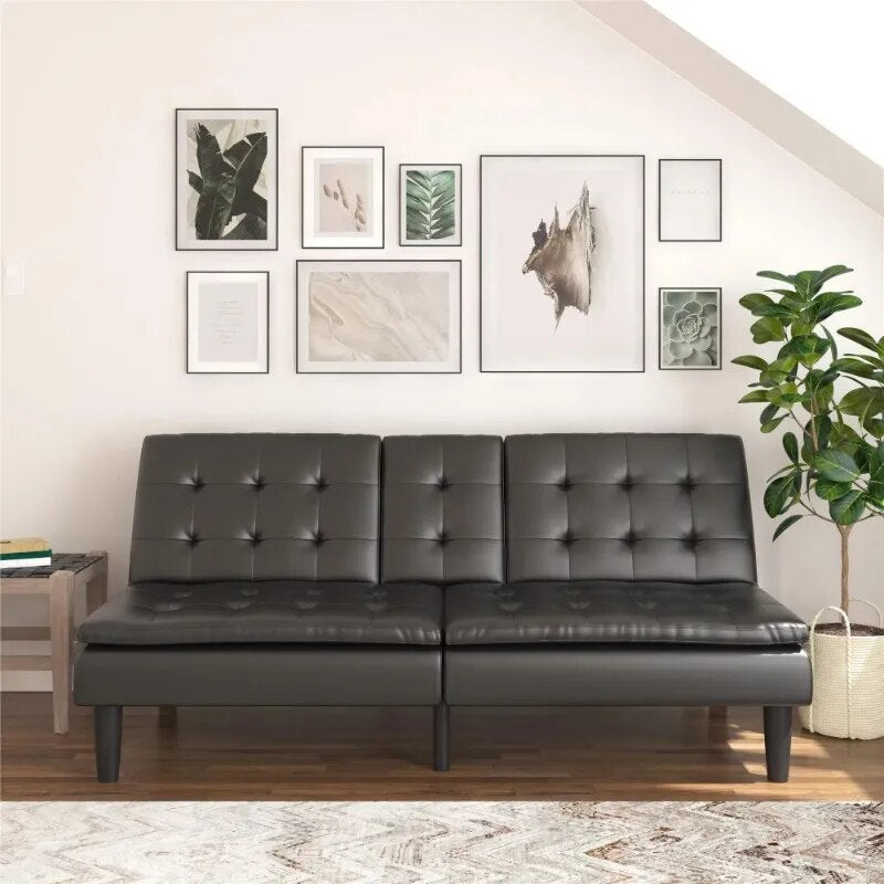 Mainstays Memory Foam Futon with Cupholders and USB, Black Faux Leather ShopOnlyDeal