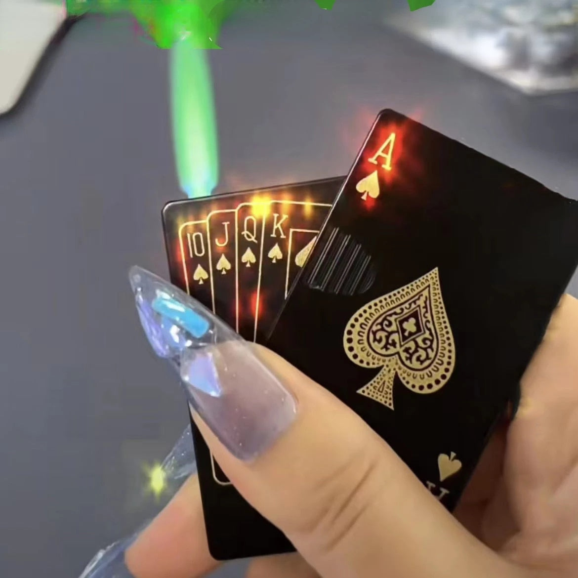 Metal Playing Cards Jet Torch Lighter Green Flame Poker Gas Lighter Smoking Accessories Butane Windproof Funny Toy Gift For Men ShopOnlyDeal