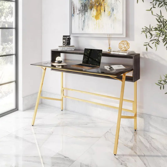 Metal and Glass Writing Desk, Modern 47" Home Office , Scratch Resistant, Gold and Black   Office Furniture ShopOnlyDeal