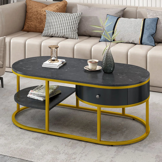 Modern Marble Golden Coffee Table, Metal Frame, with Drawers and Shelves Storage for Living Room ShopOnlyDeal