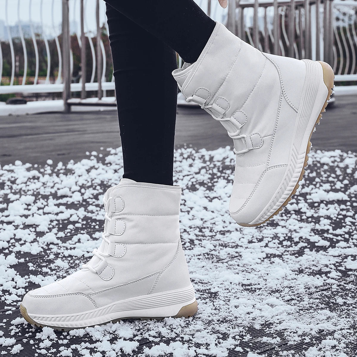 Snow Boots Women Waterproof Keep Warm Plush Platform Shoes Female Lace Up Mid-Calf Boots Winter Shoes Botas Femininas Moipheng Official Store