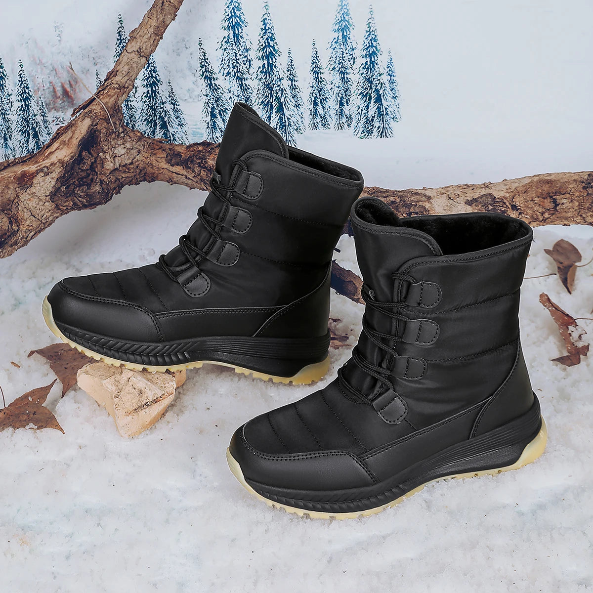 Snow Boots Women Waterproof Keep Warm Plush Platform Shoes Female Lace Up Mid-Calf Boots Winter Shoes Botas Femininas Moipheng Official Store