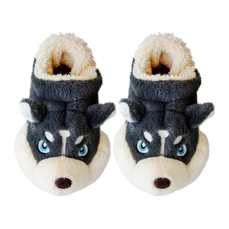 Cute Cartoon Husky Shoes Men's Winter Cotton Slippers Warm Faux Fur Platform Sole Couples Indoor Home Floor Footwear ShopOnlyDeal