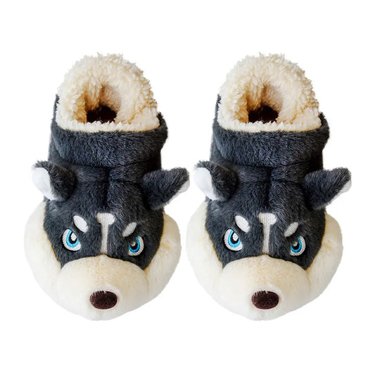 Cute Cartoon Husky Shoes Men's Winter Cotton Slippers Warm Faux Fur Platform Sole Couples Indoor Home Floor Footwear ShopOnlyDeal