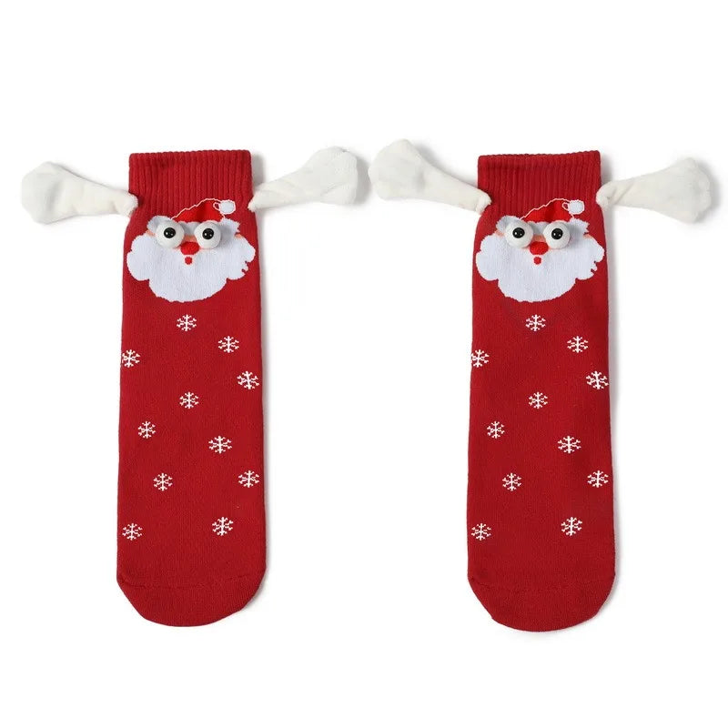Christmas Magnetic Suction Hand In Hand Sock Cute Couple Cartoon Eyes Holding Hands Mid Tube Pure Cotton Sock Christmas Gift ShopOnlyDeal