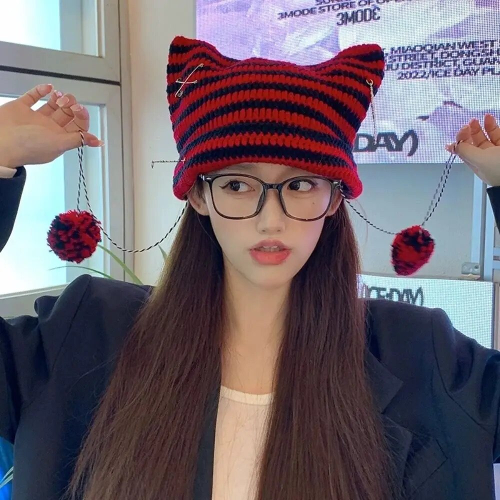 Cute Devil Knitting Striped New Beanie Hat  Autumn Winter Knitted Wool Caps Girls Cat Ear Pointed Pullover Women Bonnet Hats ShopOnlyDeal