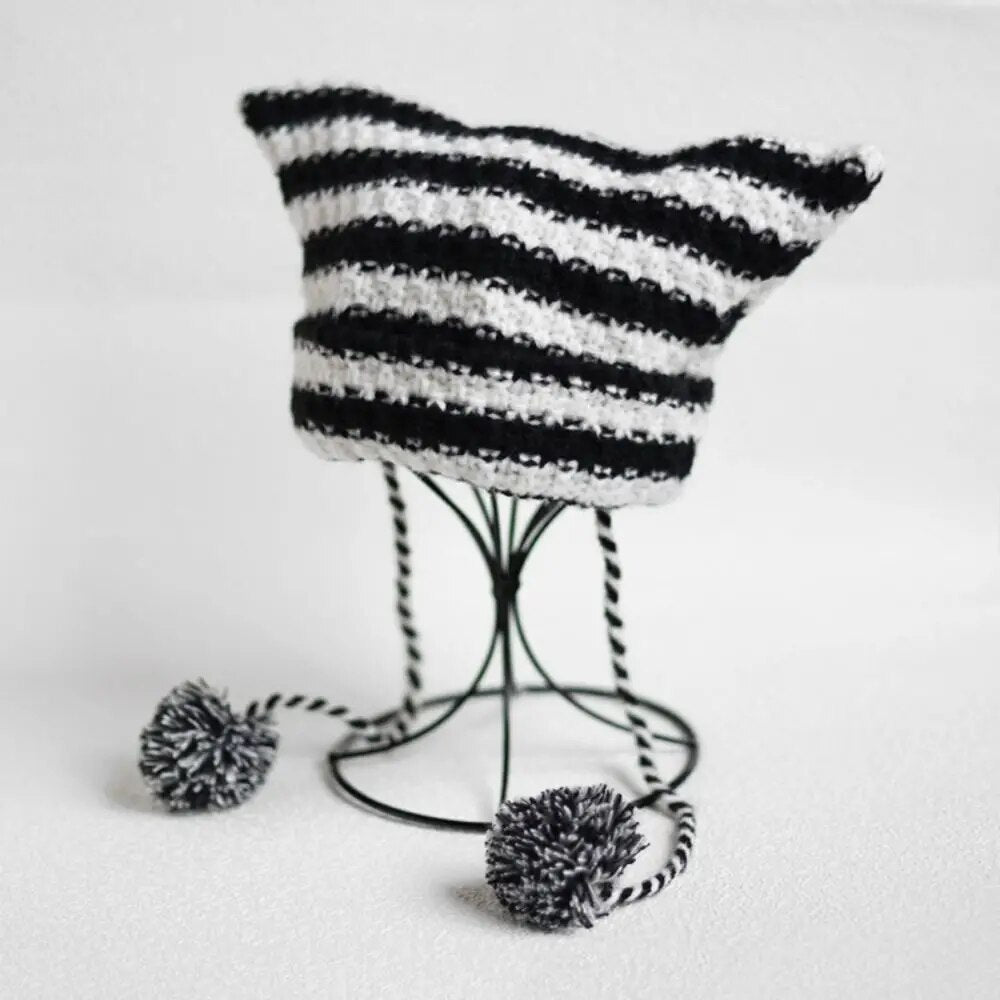 Cute Devil Knitting Striped New Beanie Hat  Autumn Winter Knitted Wool Caps Girls Cat Ear Pointed Pullover Women Bonnet Hats ShopOnlyDeal