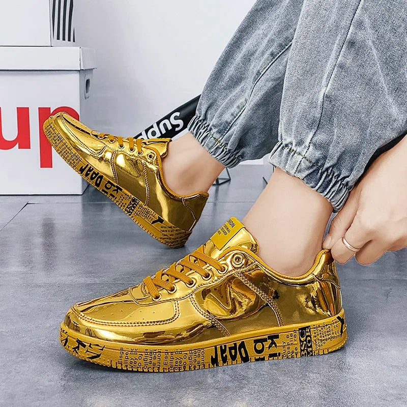 New Gold Sneakers: Luxury Casual Glitter Sneakers for Couples - Hip-Hop Streetwear Skateboard Shoes, Men's Flat Designer Footwear ShopOnlyDeal