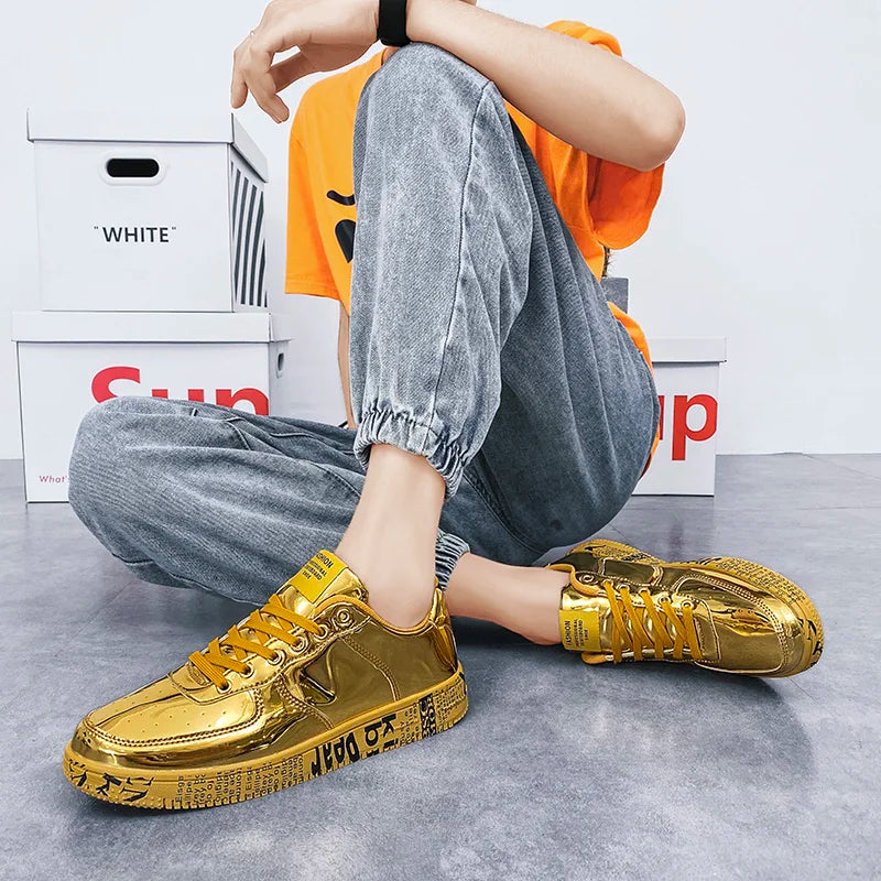 New Gold Sneakers: Luxury Casual Glitter Sneakers for Couples - Hip-Hop Streetwear Skateboard Shoes, Men's Flat Designer Footwear ShopOnlyDeal