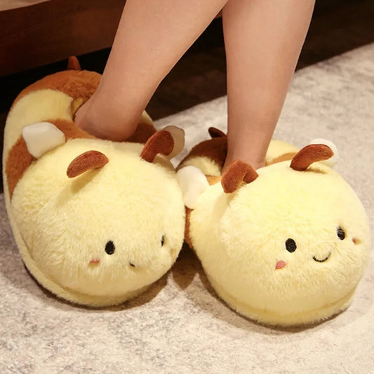 Cute Home Slippers Cartoon Bee Modeling Design 2023 White Warm Adult  Lady Plush Head Silent Indoor Floor Women Fun Slippers ShopOnlyDeal